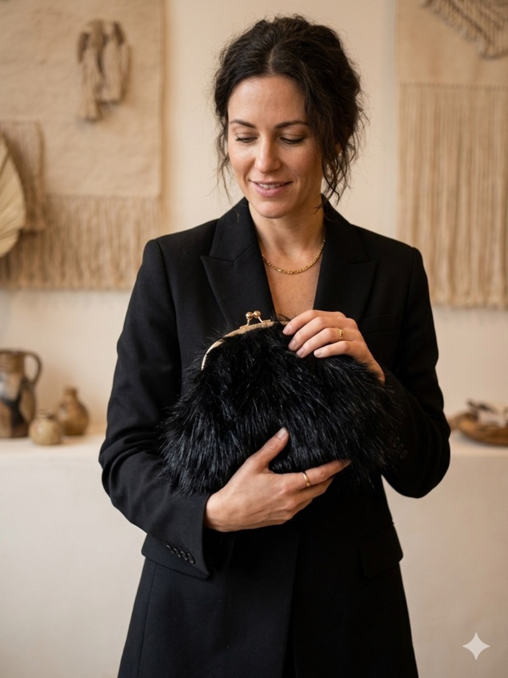 Elegant Black Faux Fur Kiss-Lock Clutch